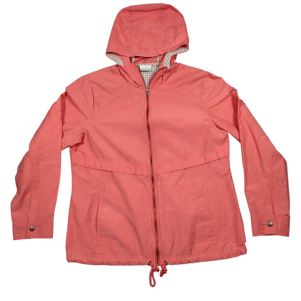 Columbia Windbreaker Jacket Womens Large‎ Coral Hooded Gingham Lined Lightweight